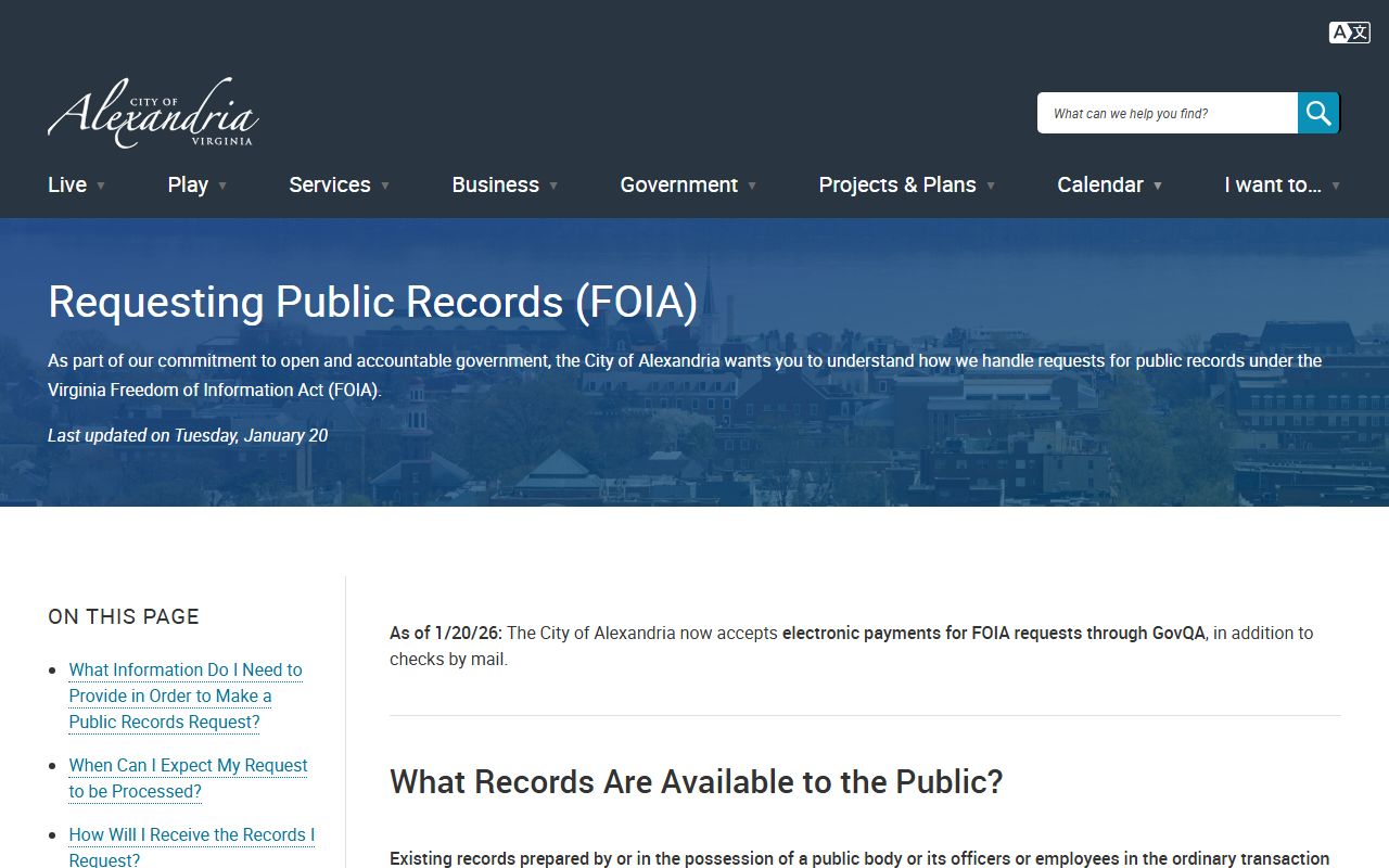 Alexandria Virginia phone directory city FOIA page