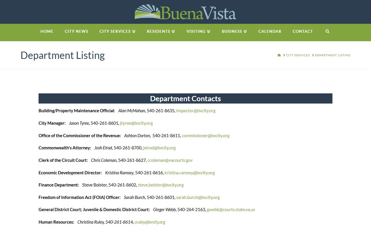 Buena Vista Virginia phone directory department listing