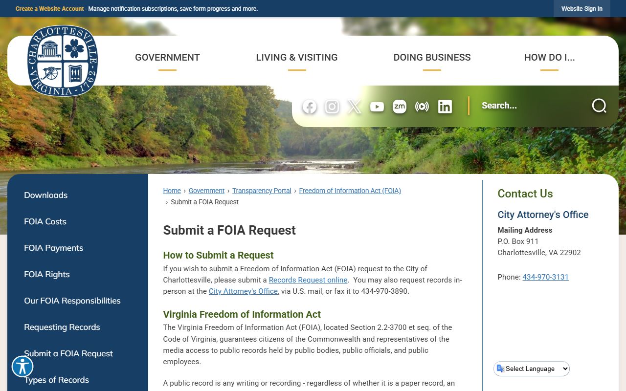 Charlottesville Virginia phone directory FOIA request page