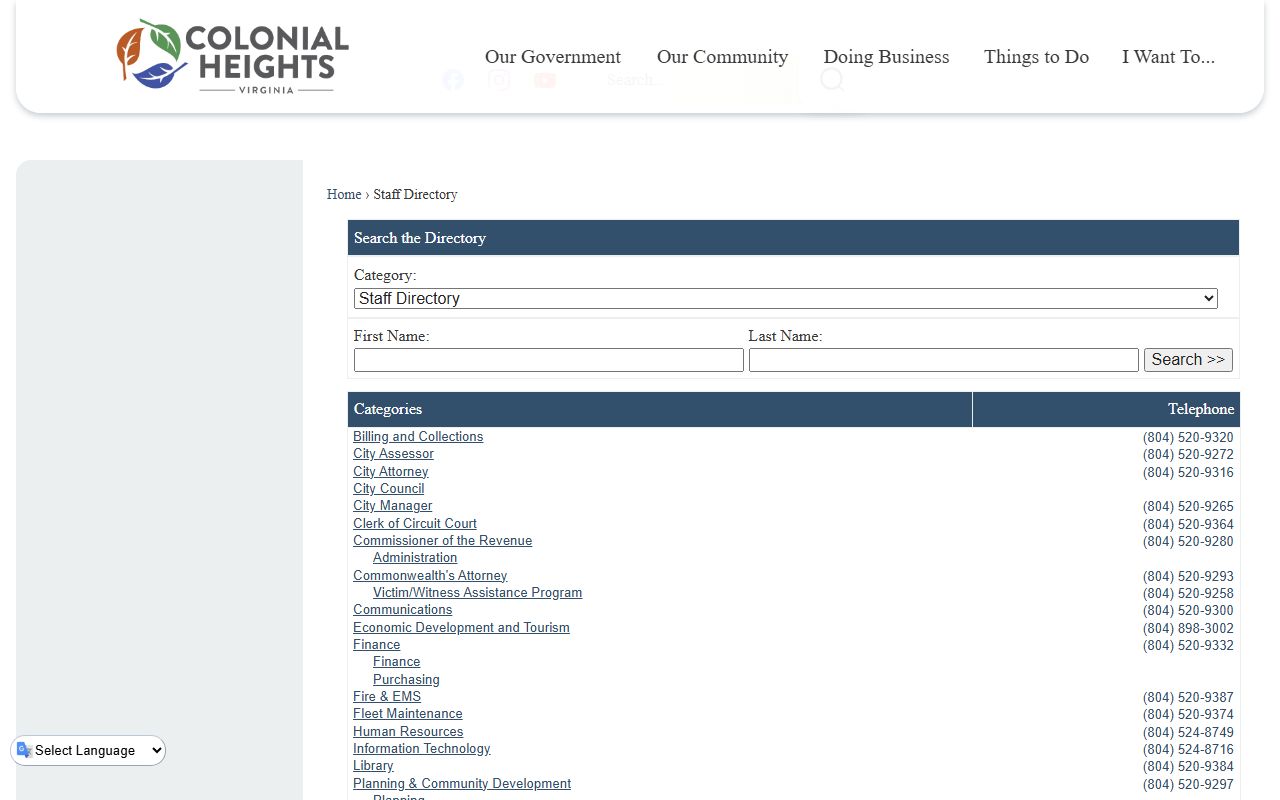 Colonial Heights Virginia phone directory city staff directory