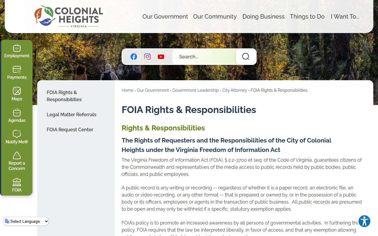 Colonial Heights Virginia phone directory FOIA rights page