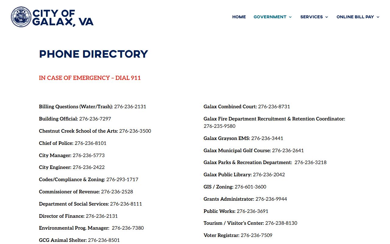 Galax Virginia phone directory page on city website