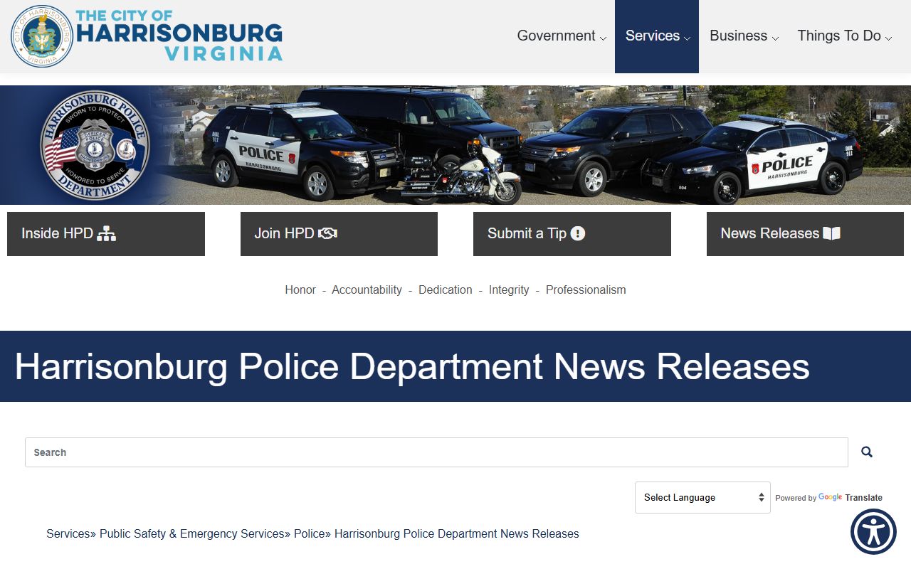 Harrisonburg Virginia Police Department news releases page