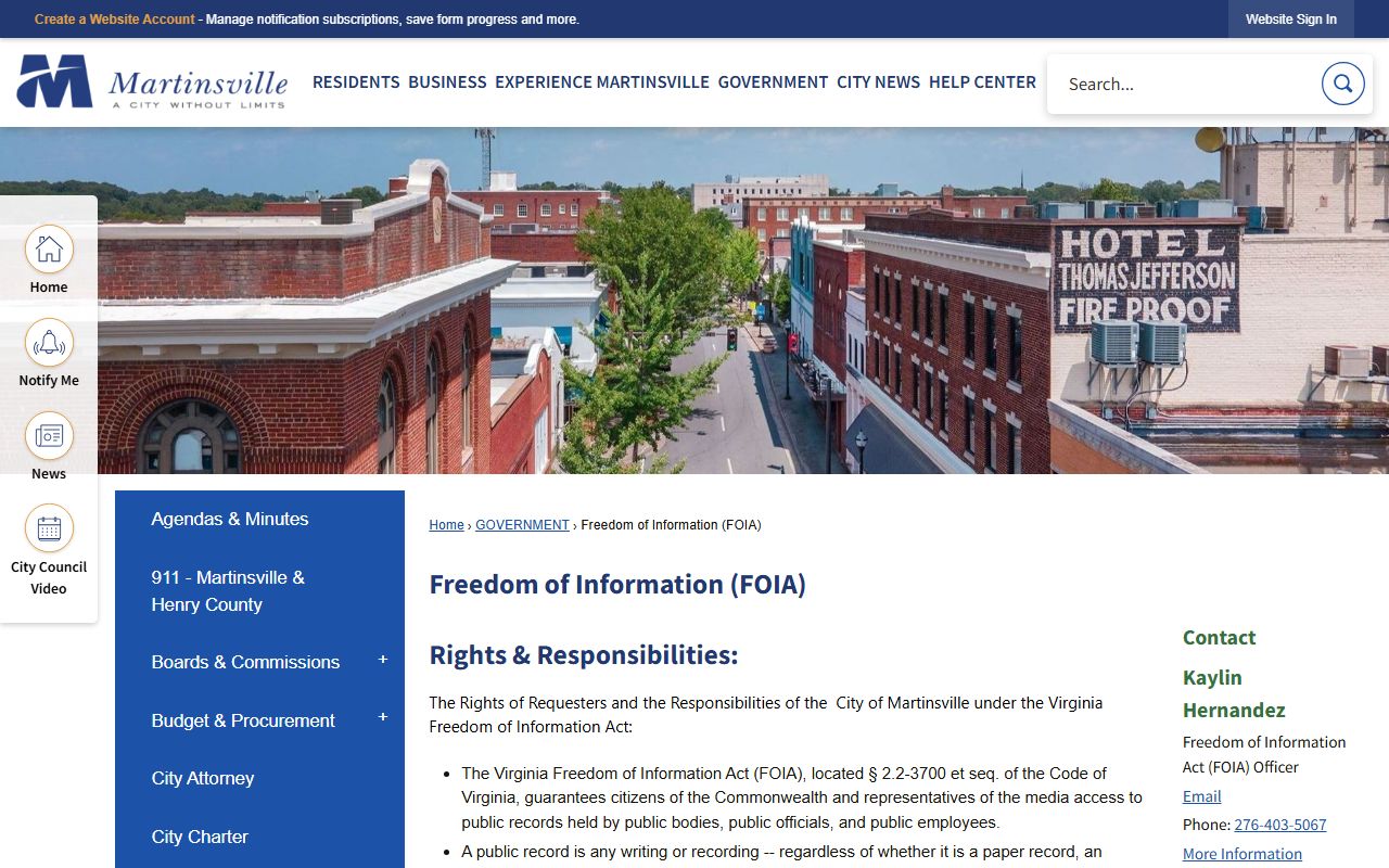 Martinsville Virginia Freedom of Information Act FOIA page