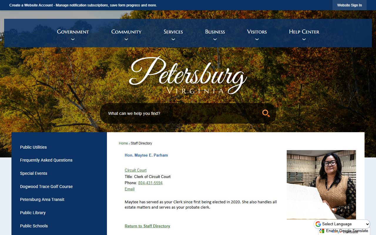 Petersburg Virginia phone directory circuit court clerk contact page