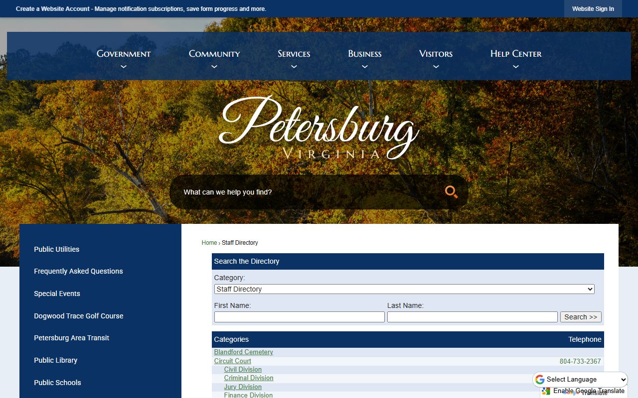 Petersburg Virginia phone directory city staff directory page