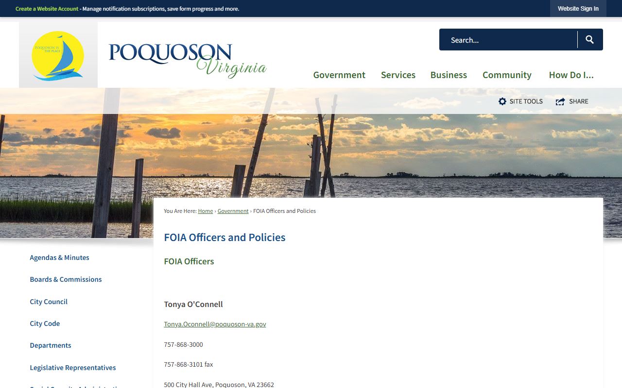 Poquoson FOIA Officers phone directory page