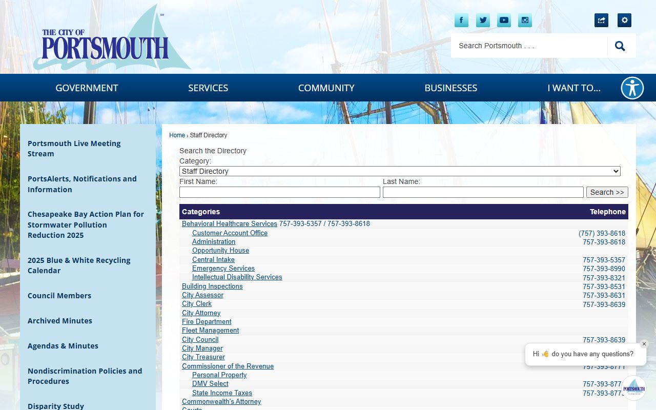 Portsmouth city staff phone directory page