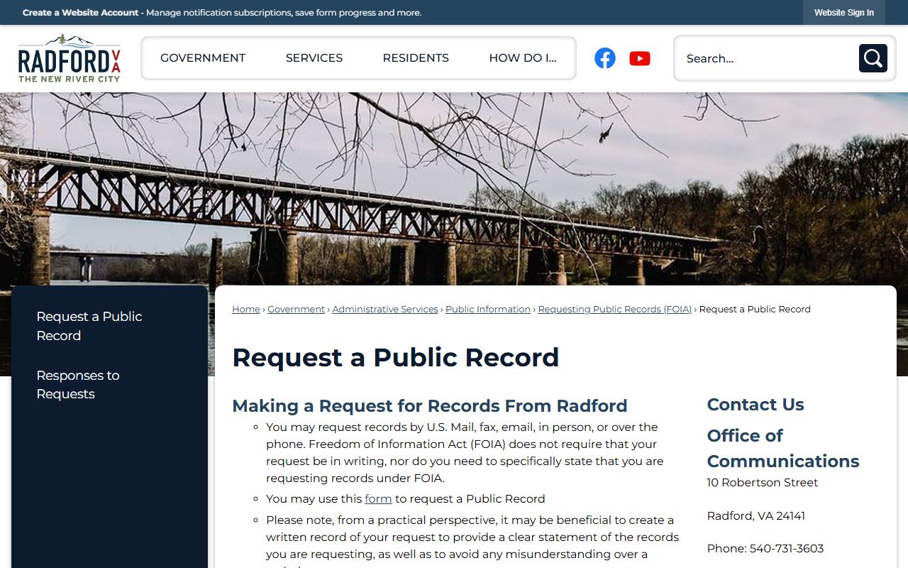 Radford public records request phone directory page