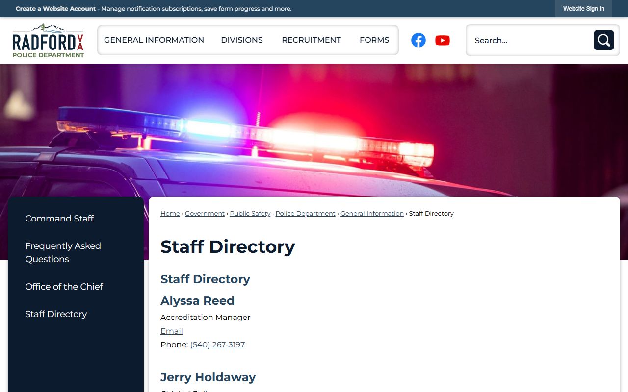 Radford police staff phone directory listing