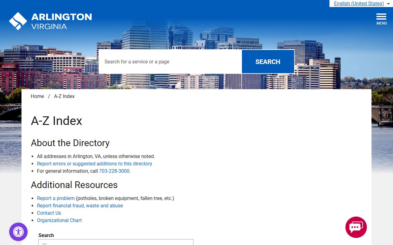 Arlington County Virginia phone directory A-Z index page