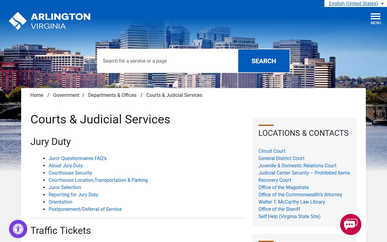 Arlington County Virginia phone directory Courts and Judicial Services page