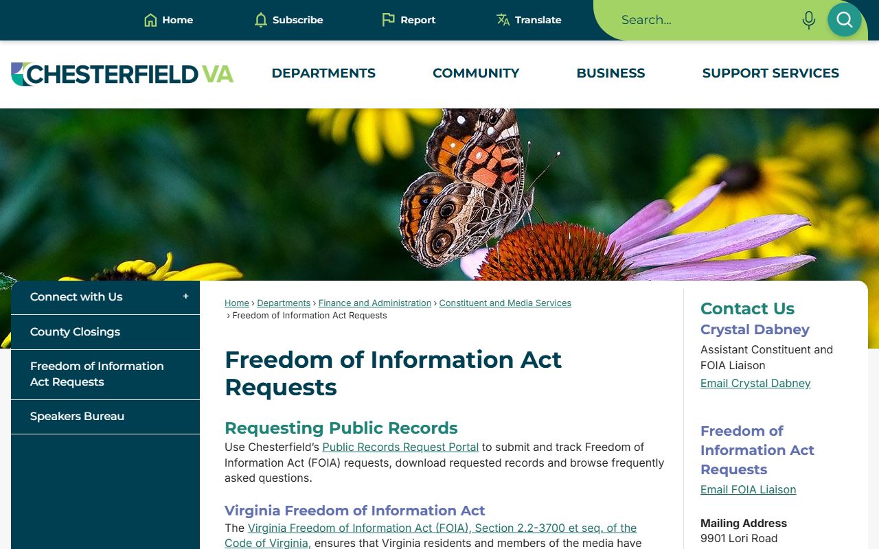 Chesterfield County Virginia phone directory FOIA request page