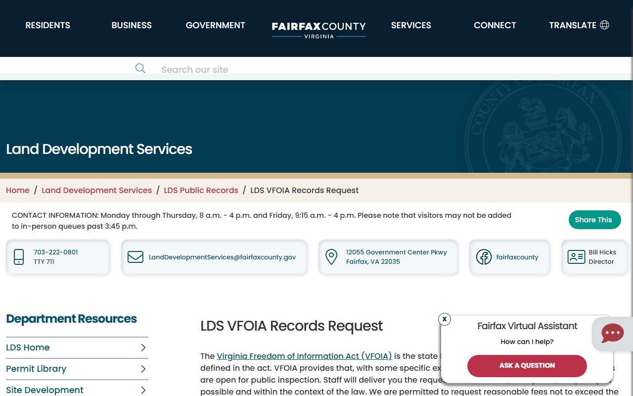 Fairfax County Virginia phone directory land development VFOIA request