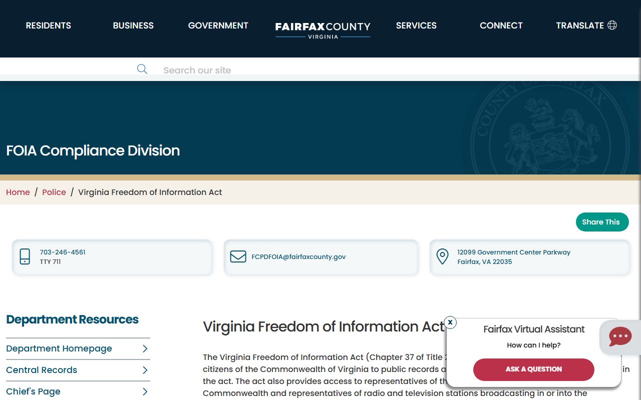 Fairfax County Virginia phone directory police FOIA request page