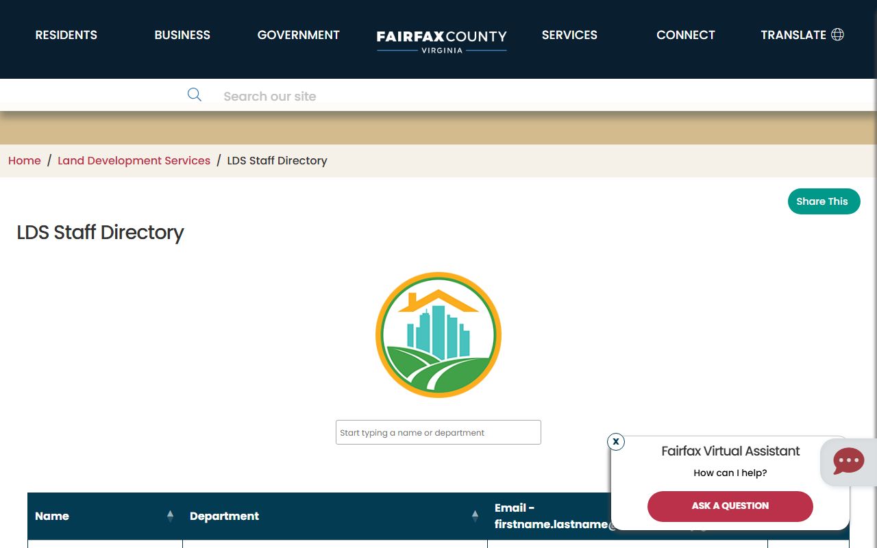 Fairfax County Virginia phone directory land development staff list