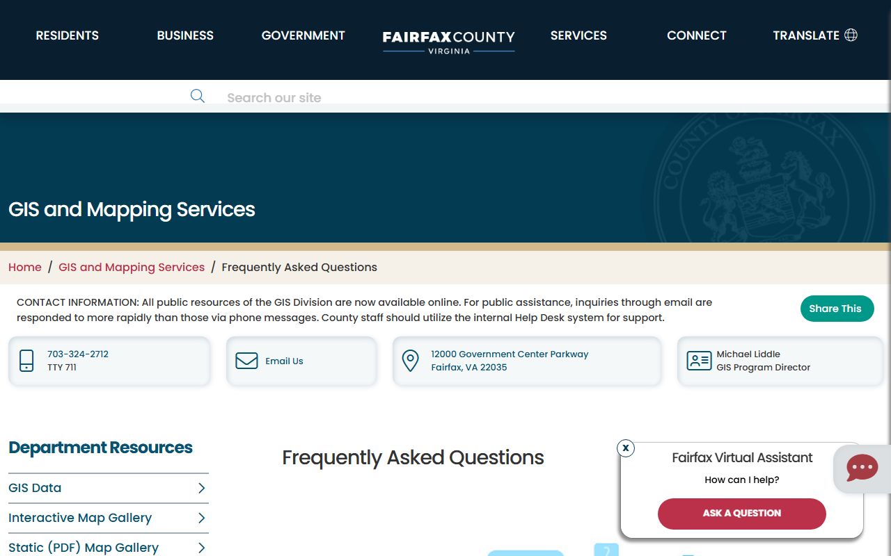 Fairfax County Virginia phone directory GIS mapping FAQ