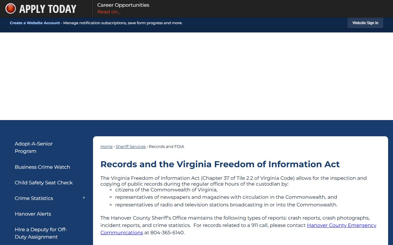 Hanover County Virginia phone directory Sheriff's Office records page