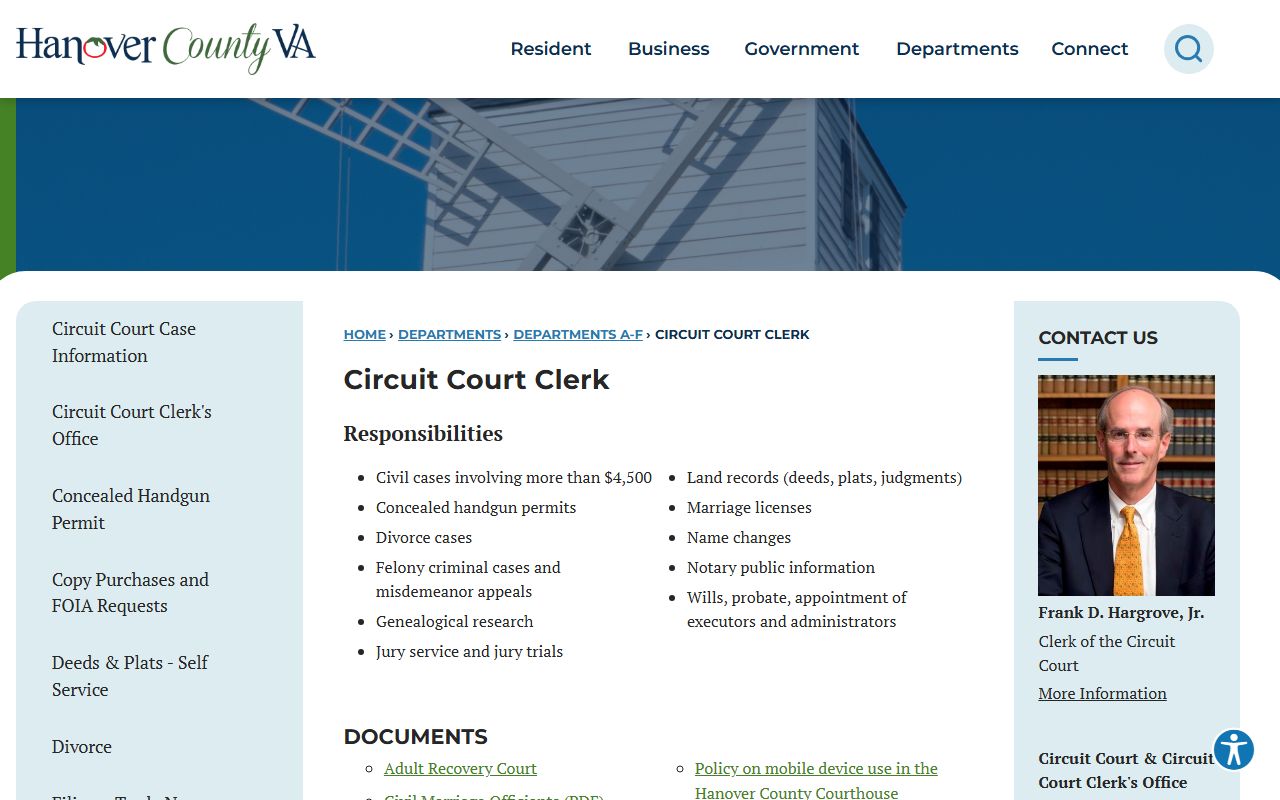 Hanover County Virginia phone directory Circuit Court Clerk page