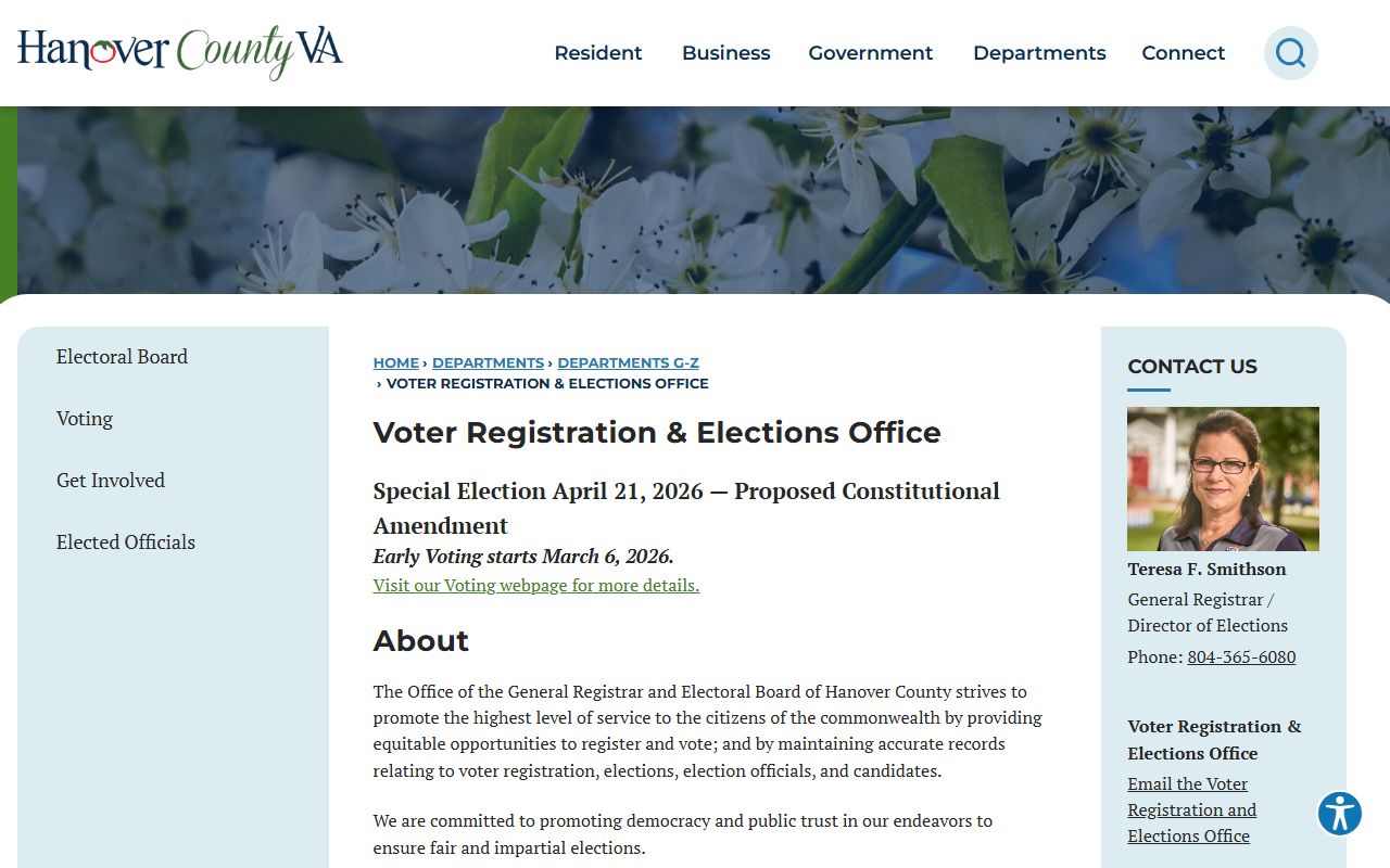 Hanover County Virginia phone directory Voter Registration and Elections Office page