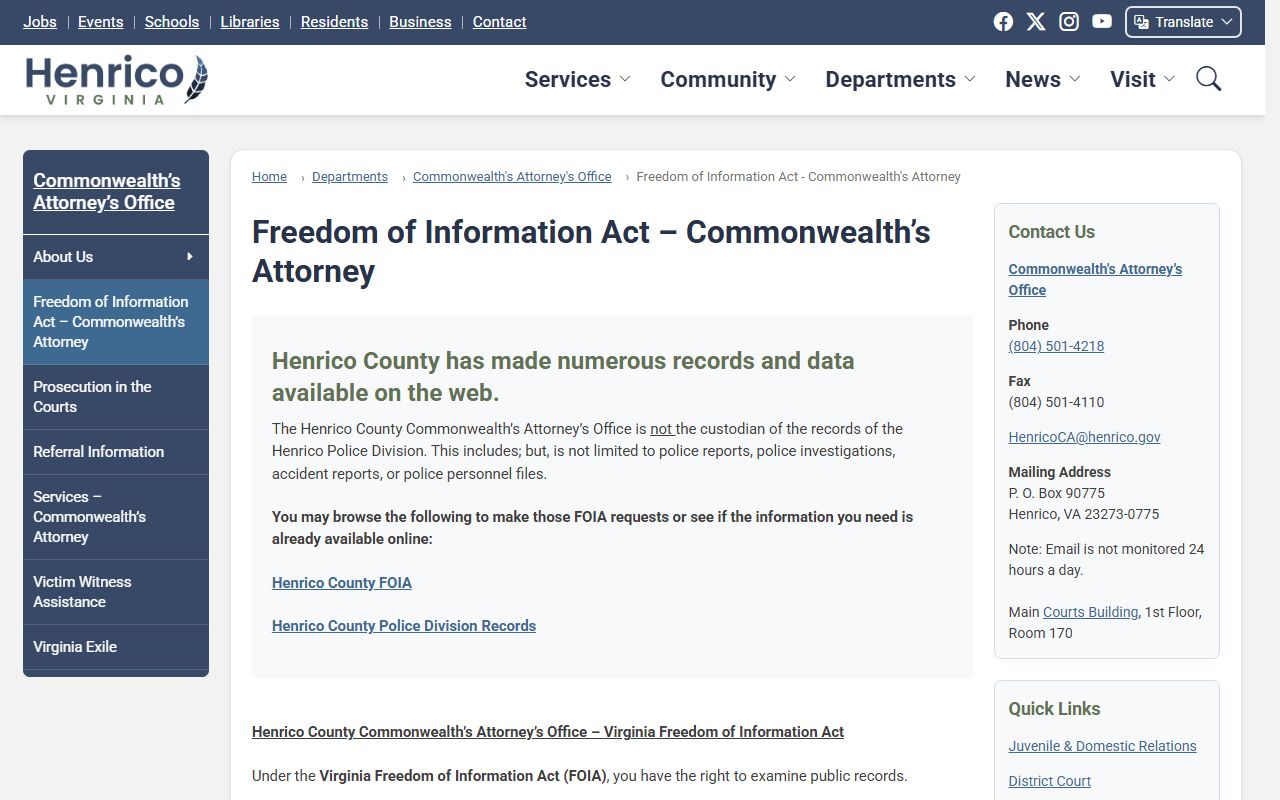 Henrico County Virginia phone directory FOIA page