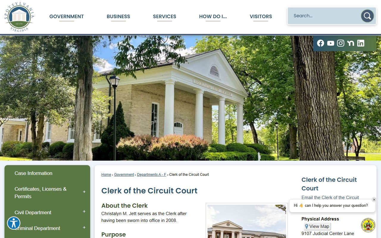 Spotsylvania County Virginia phone directory Clerk of the Circuit Court page