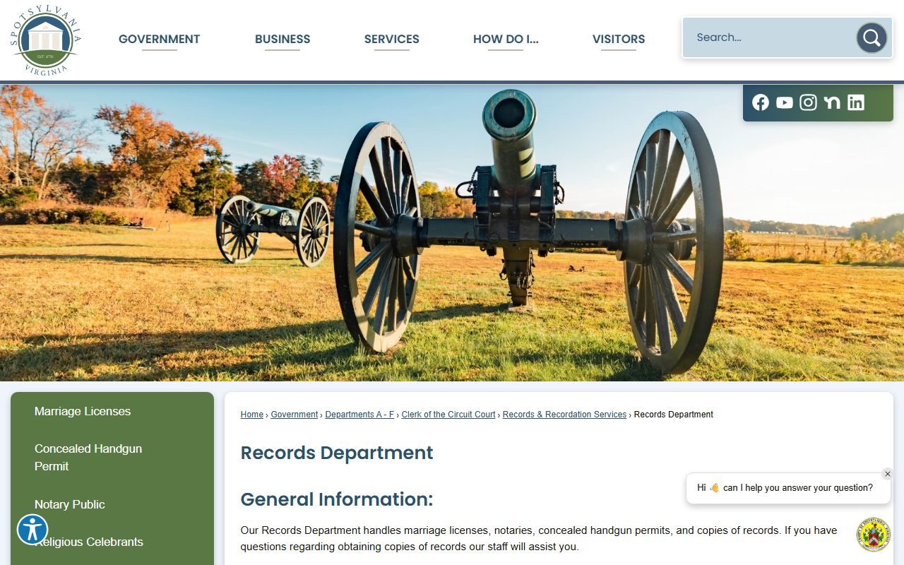 Spotsylvania County Virginia phone directory Records Department page