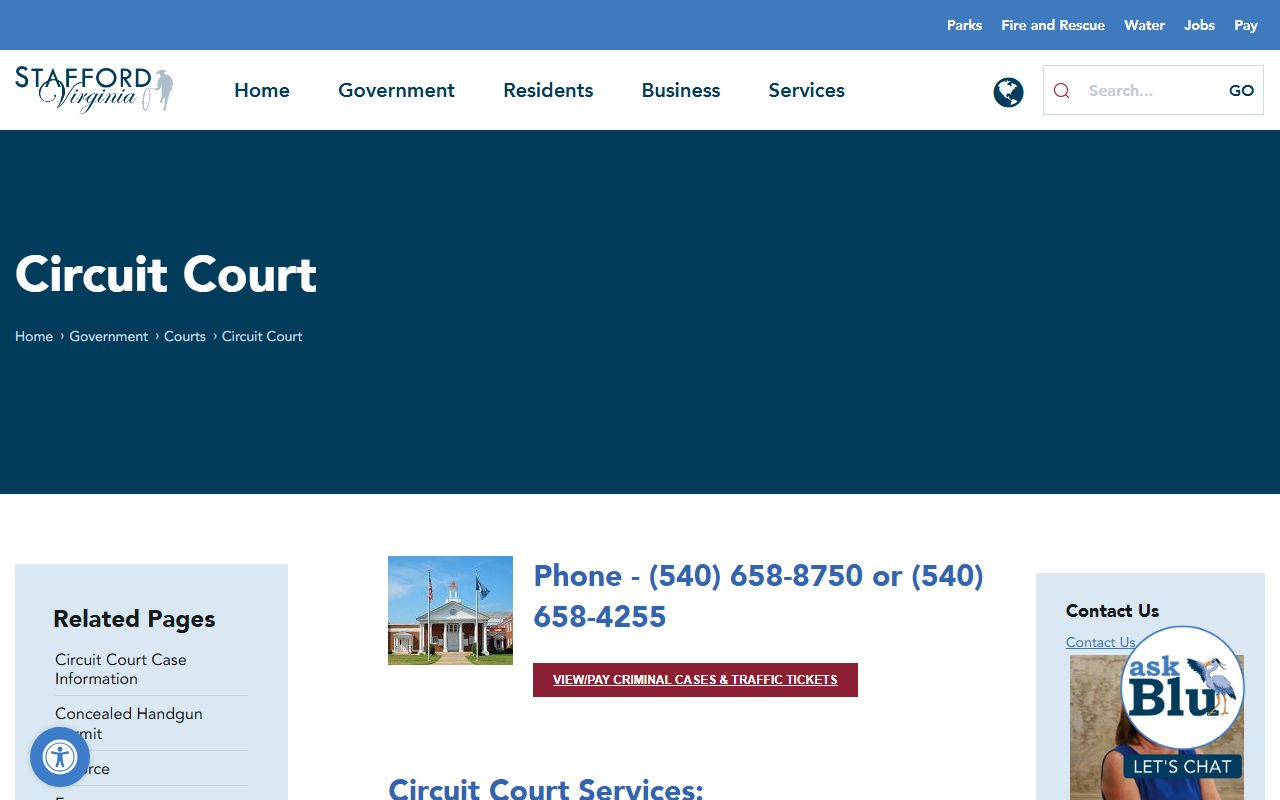 Stafford County Virginia phone directory Circuit Court Clerk page