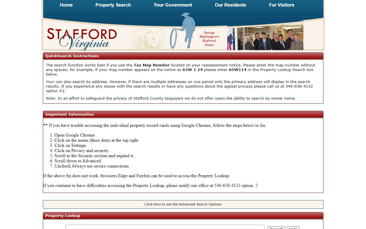 Stafford County Virginia phone directory property search page