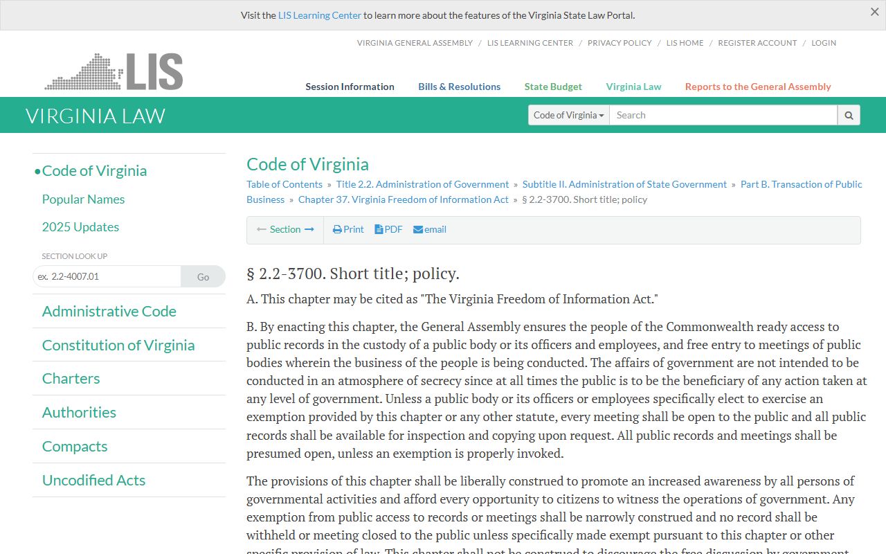 Virginia phone directory FOIA policy statute screenshot