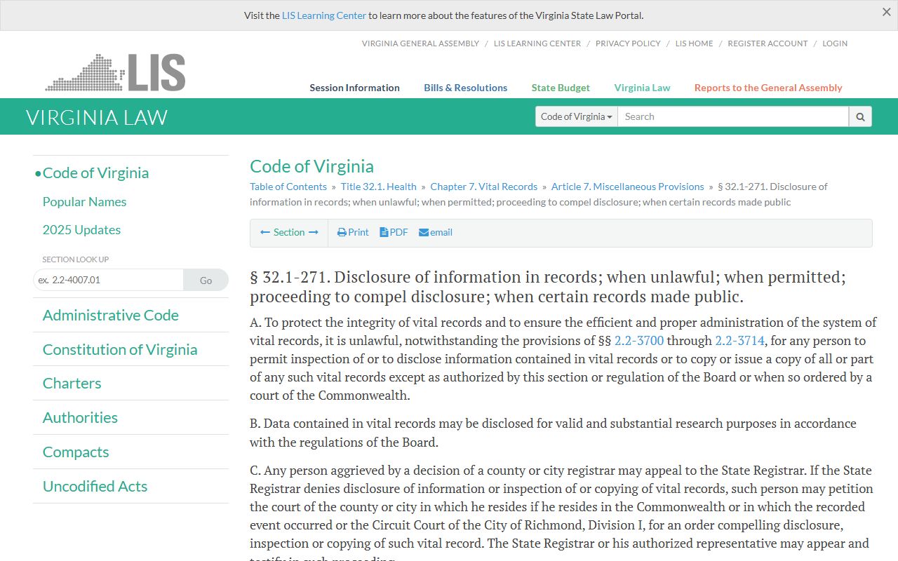 Virginia phone directory vital records statute