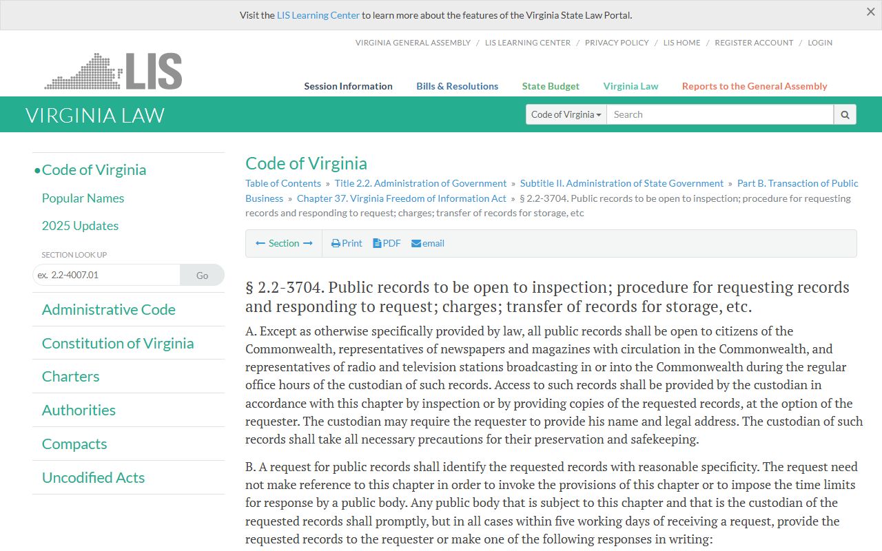 Virginia phone directory FOIA procedures statute