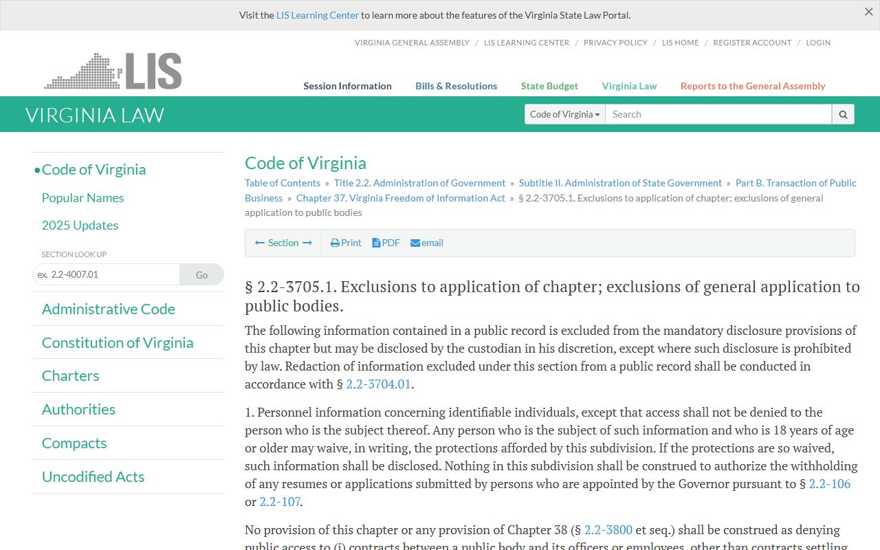 Virginia phone directory FOIA exemptions