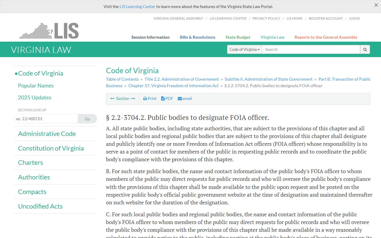 Virginia phone directory FOIA officer rule