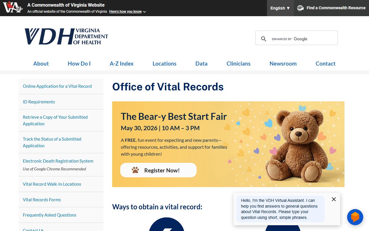 Virginia phone directory VDH vital records office